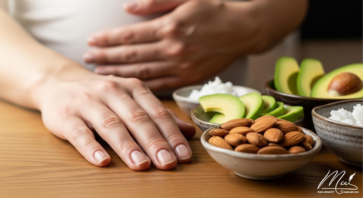 Móng tay khỏe mạnh tự nhiên của bà bầu được chăm sóc bằng dầu dừa và trái cây giàu biotin