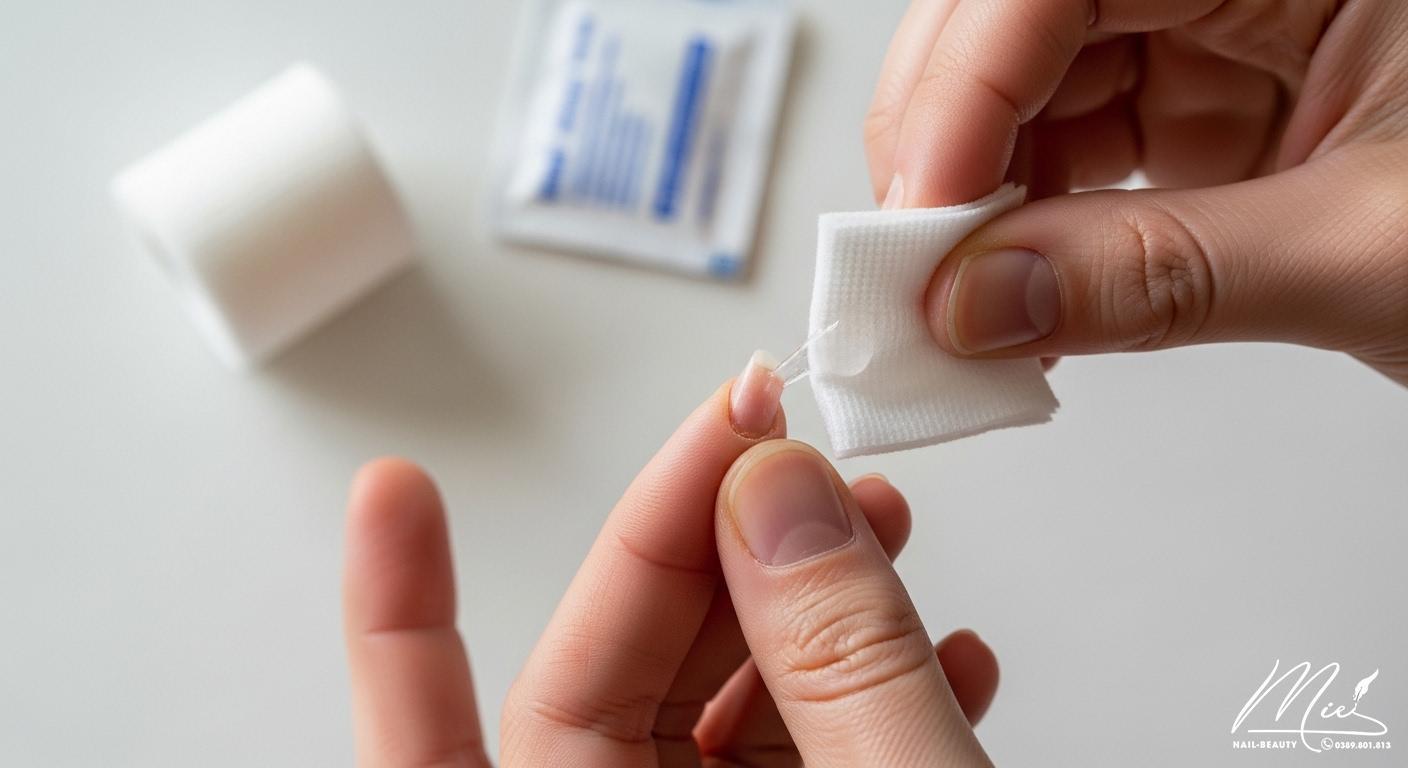 Quy trình sơ cứu móng tay bị bật, bao gồm làm sạch và băng bó cẩn thận để ngăn ngừa nhiễm trùng.