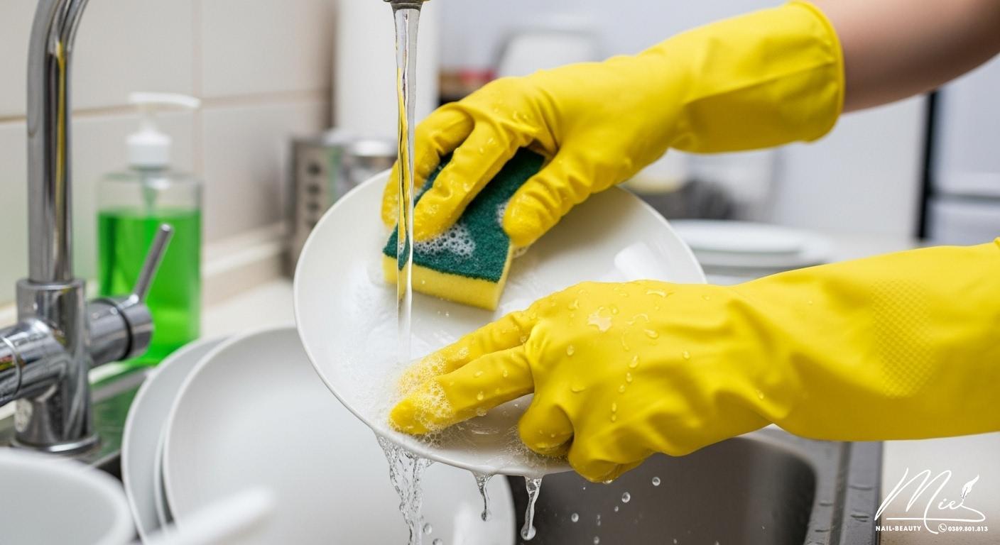 Cách dưỡng móng tay dài và cứng - 5 thói quen ngầm phá hoại 2 Đôi tay đang đeo găng bảo vệ, tránh hóa chất và thói quen xấu ảnh hưởng đến móng.