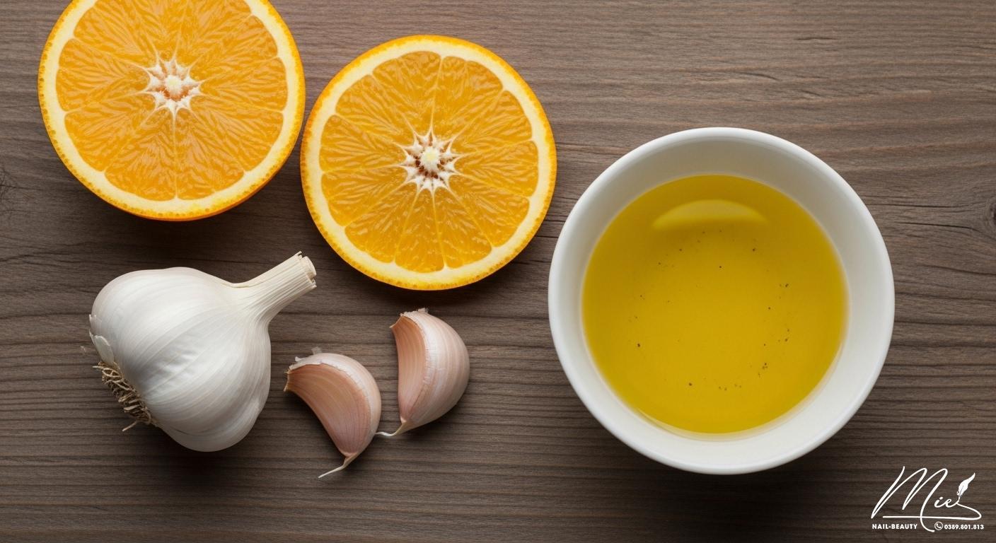 Cách dưỡng móng tay dài và cứng - 5 thói quen ngầm phá hoại 3 Các nguyên liệu tự nhiên như dầu dừa, cam và tỏi để dưỡng móng tay tại nhà.