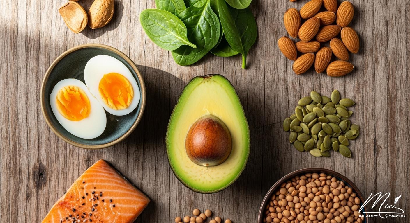 Các loại thực phẩm giàu Biotin, Sắt, Kẽm và Protein tốt cho móng tay.