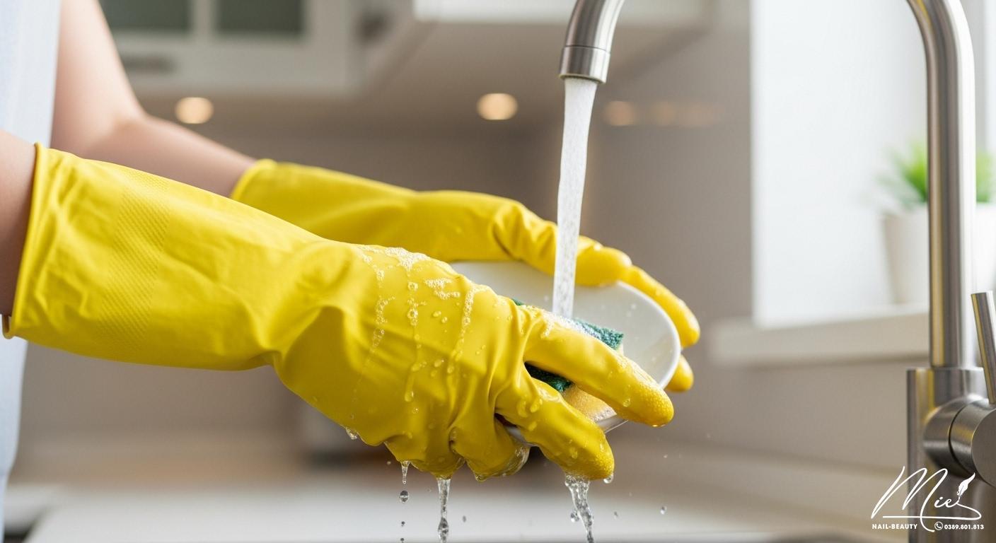 Người phụ nữ đeo găng tay khi làm việc nhà để bảo vệ móng tay.