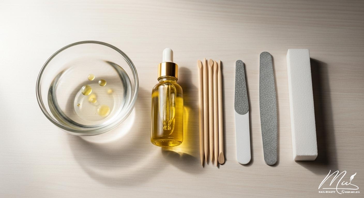 Hướng dẫn cách gỡ móng tay giả tại nhà An toàn, không hư móng 1 Dụng cụ tháo móng tay giả an toàn tại nhà, bao gồm bát ngâm, dầu dưỡng và que gỗ.