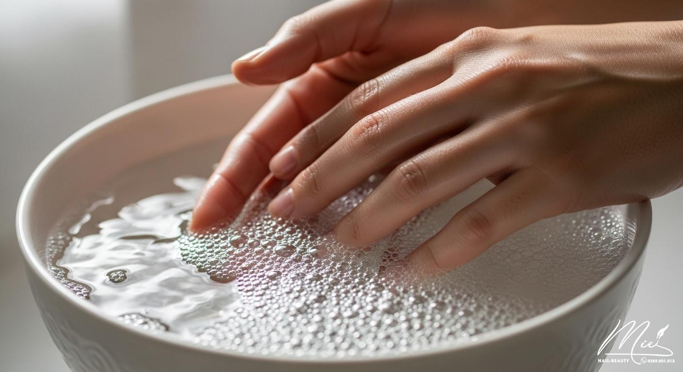 Hướng dẫn cách gỡ móng tay giả tại nhà An toàn, không hư móng 3 Bát nước ấm và xà phòng giúp tháo móng úp, tượng trưng cho phương pháp an toàn không hóa chất.