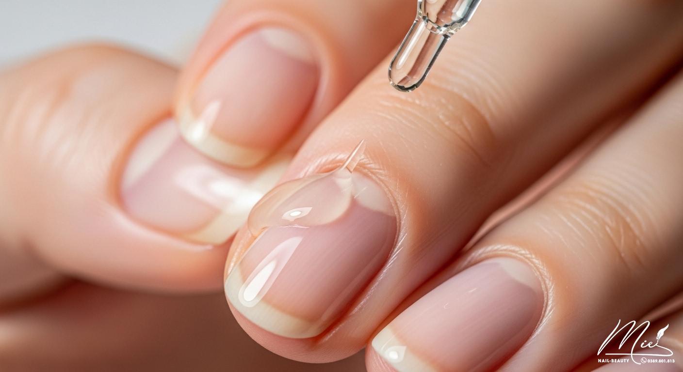 Hướng dẫn cách gỡ móng tay giả tại nhà An toàn, không hư móng 4 Móng tay thật khỏe mạnh sau khi gỡ móng giả, đang được thoa dầu dưỡng biểu bì.