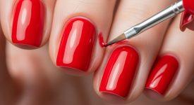 Cận cảnh bàn tay đang dùng cọ nhỏ để làm sạch sơn móng bị lem quanh viền móng, thể hiện kỹ thuật sửa lỗi.