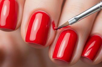 Cận cảnh bàn tay đang dùng cọ nhỏ để làm sạch sơn móng bị lem quanh viền móng, thể hiện kỹ thuật sửa lỗi.