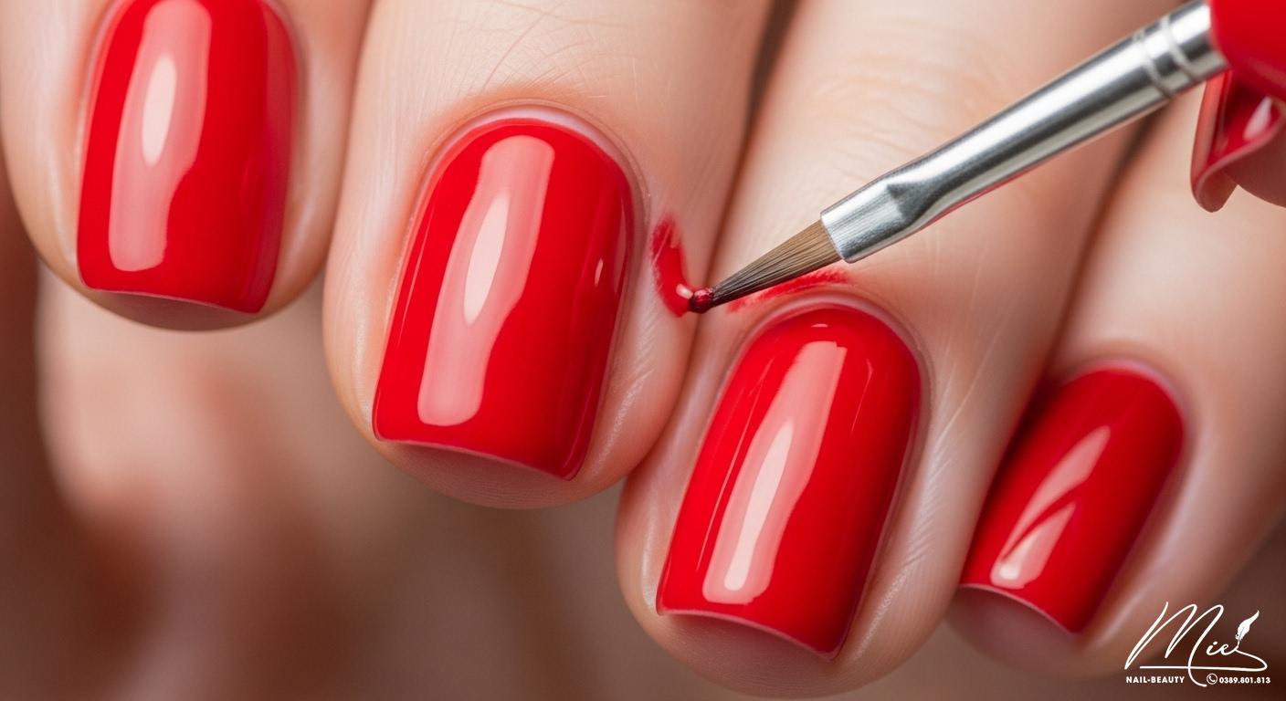 Cận cảnh bàn tay đang dùng cọ nhỏ để làm sạch sơn móng bị lem quanh viền móng, thể hiện kỹ thuật sửa lỗi.