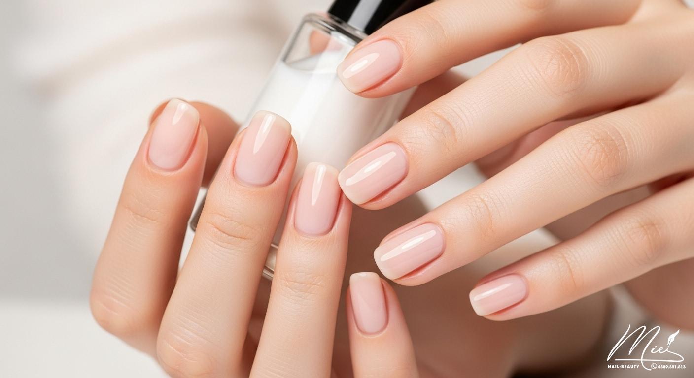 Bộ móng tay tự nhiên khỏe mạnh, được chăm sóc kỹ lưỡng sau khi tẩy sơn gel, với làn da quanh móng ẩm mượt.