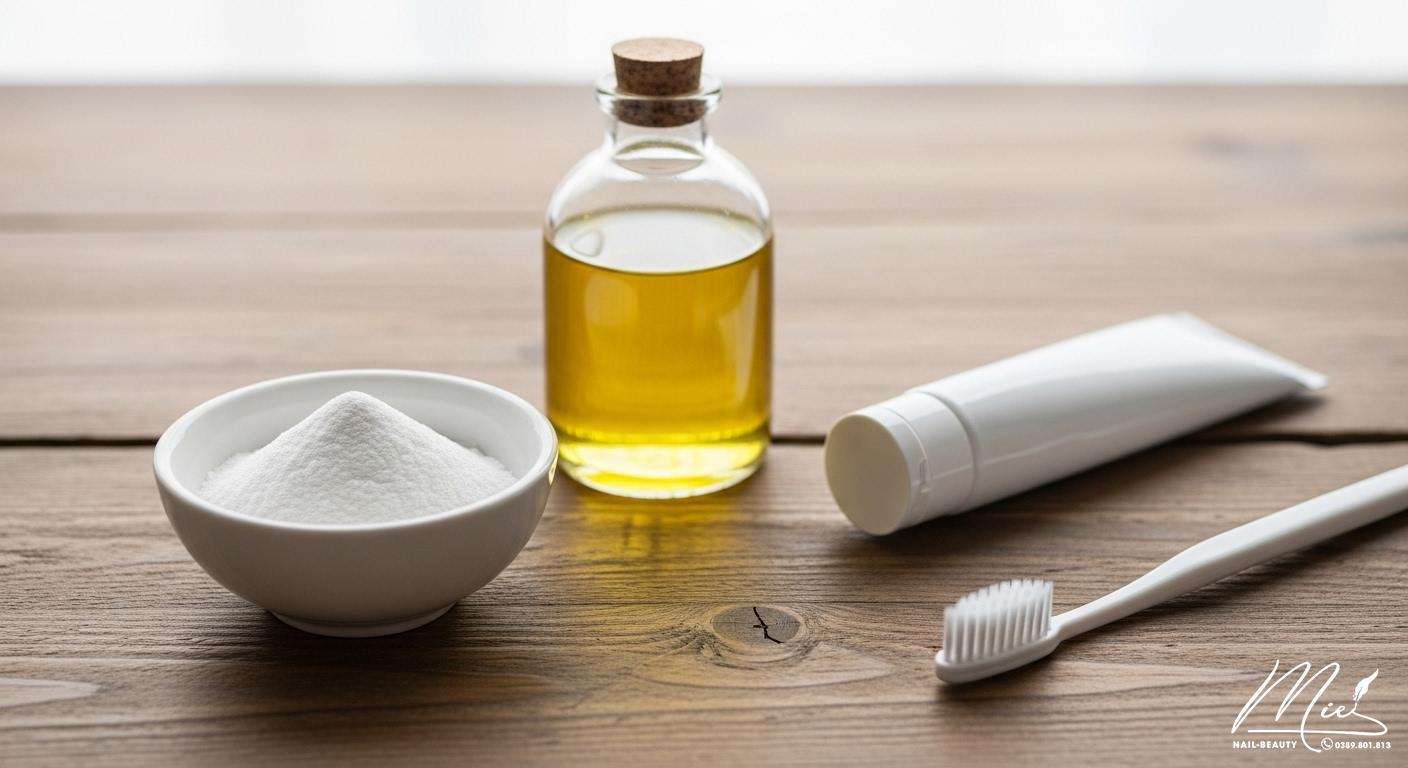Các nguyên liệu tự nhiên như dầu dừa, baking soda và kem đánh răng để tẩy vết nhuộm.