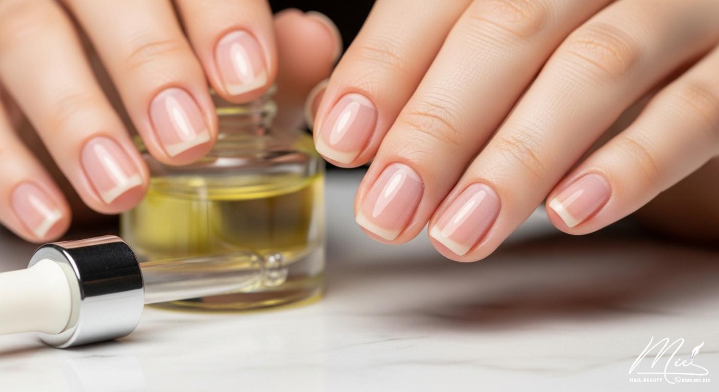 Móng tay sạch sẽ và được dưỡng ẩm sau khi tẩy vết nhuộm, tượng trưng cho kết quả và chăm sóc.