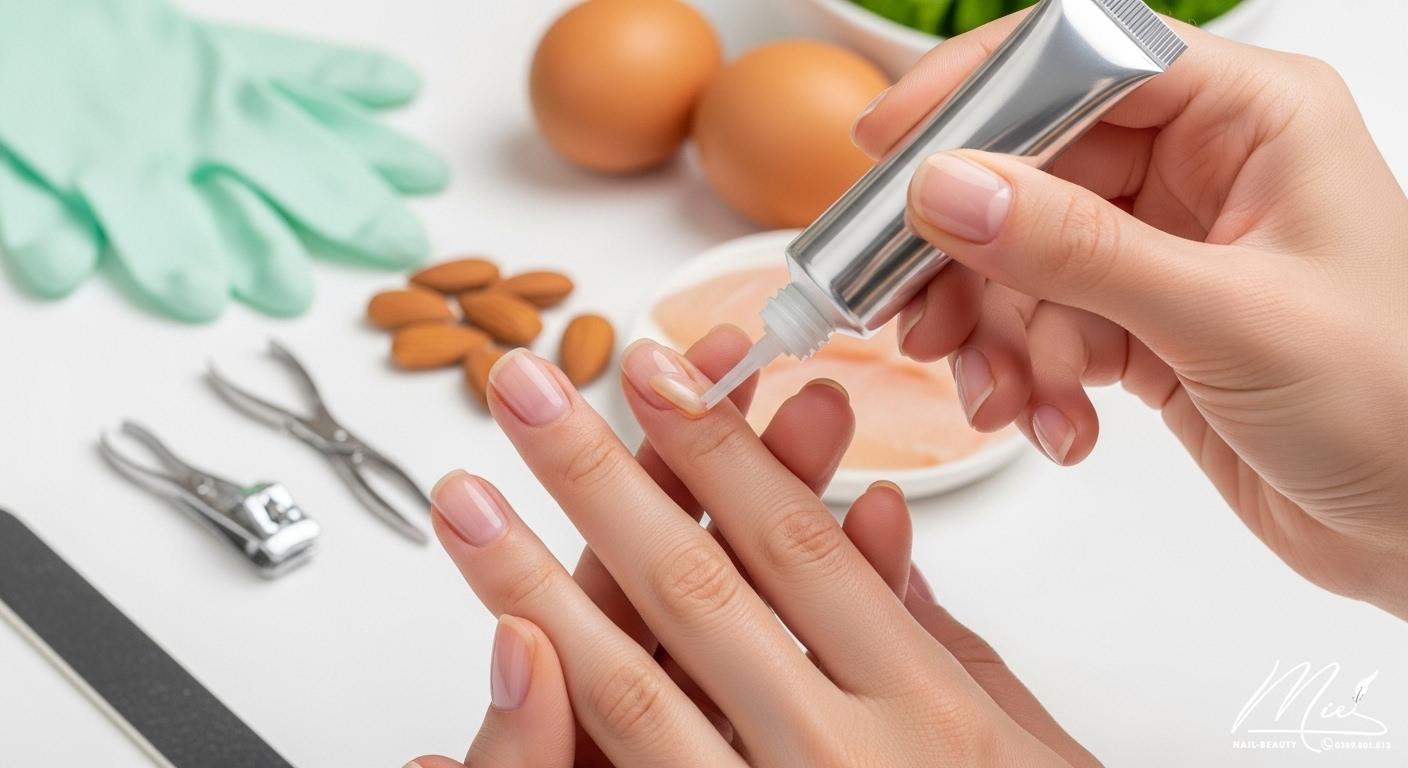 Móng tay khỏe mạnh sau điều trị, đang được chăm sóc dưỡng ẩm và bảo vệ.