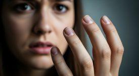 Một người đang cắn móng tay với vẻ mặt lo âu, thể hiện mối liên hệ giữa stress và sức khỏe tim mạch.