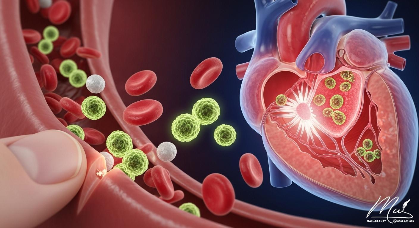 Hình ảnh minh họa vi khuẩn từ móng tay xâm nhập vào máu và gây viêm nội tâm mạc ở tim.