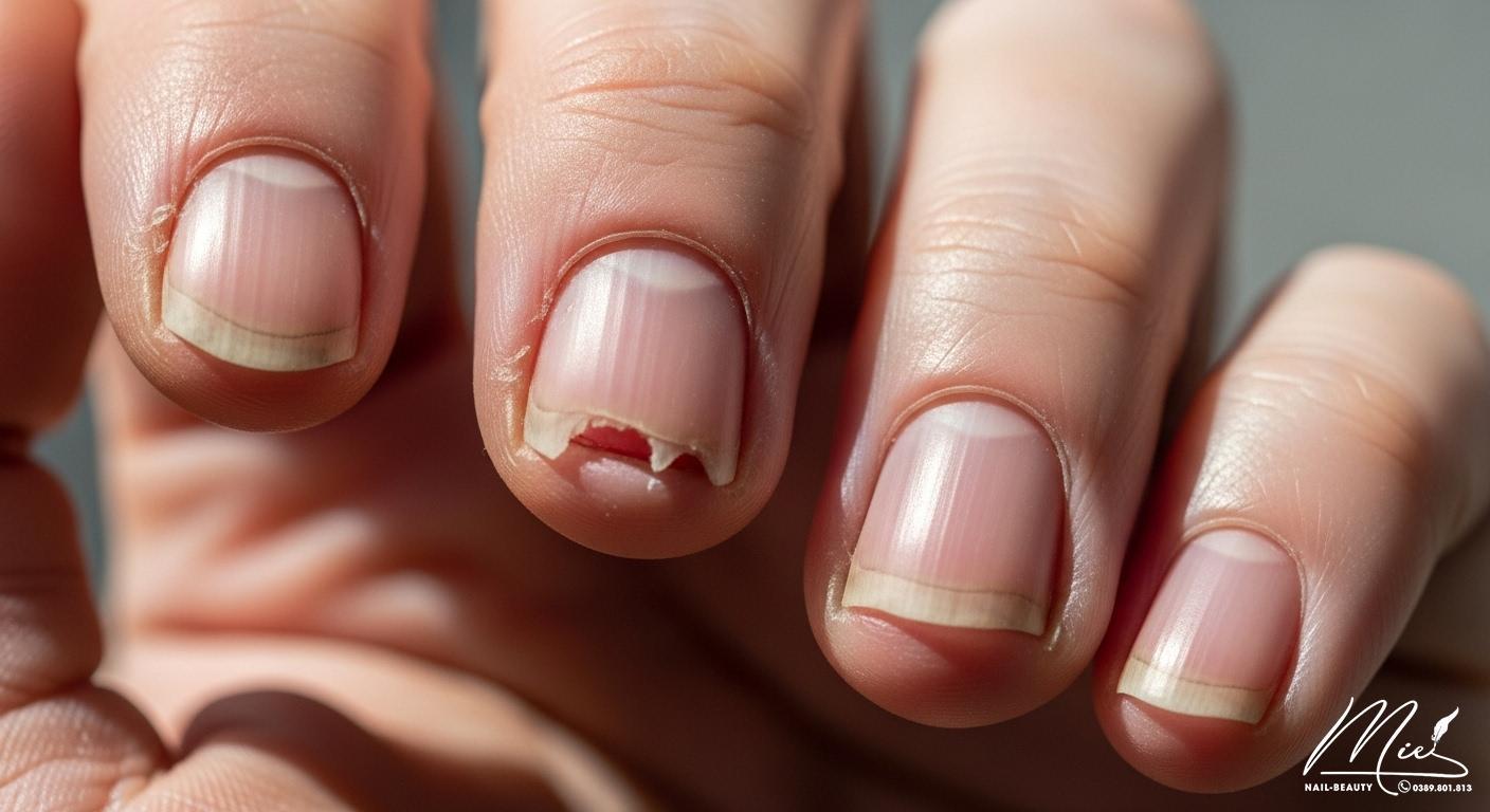 Bàn tay với những ngón tay và móng tay bị tổn thương nặng do cắn móng tay mãn tính.