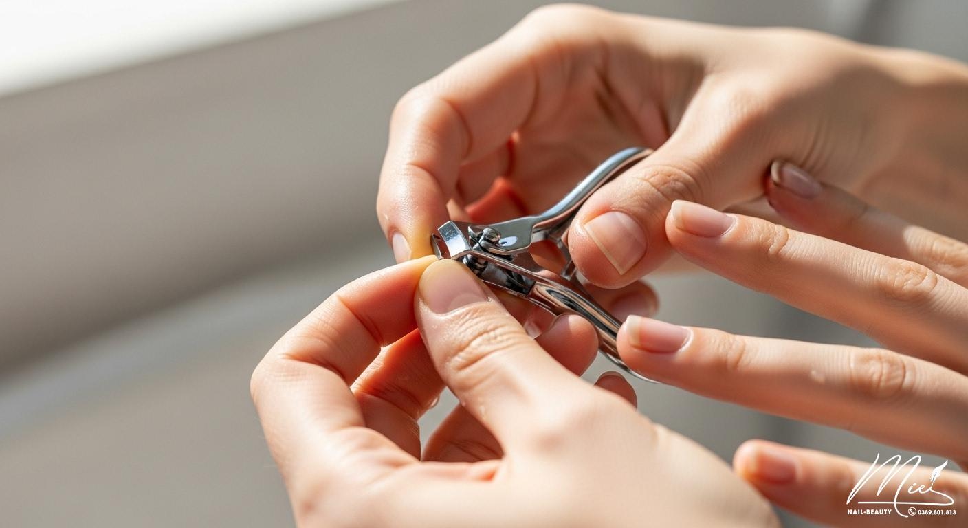 Bàn tay cắt móng tay cẩn thận dưới ánh sáng đầy đủ ban ngày.