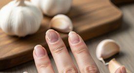 Móng tay bị nấm và các tép tỏi tươi bên cạnh trên thớt gỗ, gợi ý giải pháp tự nhiên.