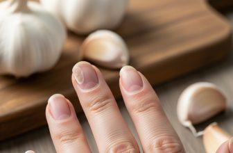 Móng tay bị nấm và các tép tỏi tươi bên cạnh trên thớt gỗ, gợi ý giải pháp tự nhiên.
