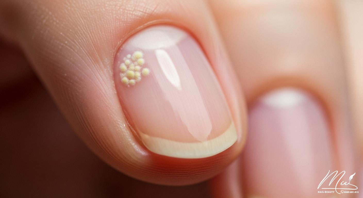 Hình ảnh cận cảnh móng tay bị nấm nhẹ với các đốm trắng hoặc vàng nhạt, minh họa giai đoạn đầu.