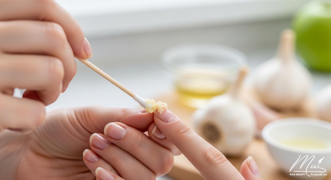 Người phụ nữ đang cẩn thận đắp hỗn hợp tỏi giã nát lên móng tay bị nấm bằng tăm bông.