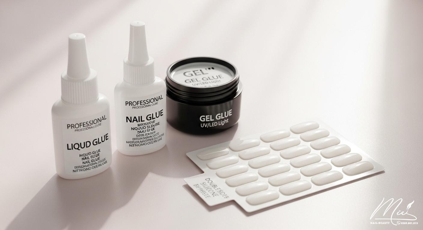 Các loại keo dán móng giả phổ biến: keo lỏng, keo gel và miếng dán silicon.