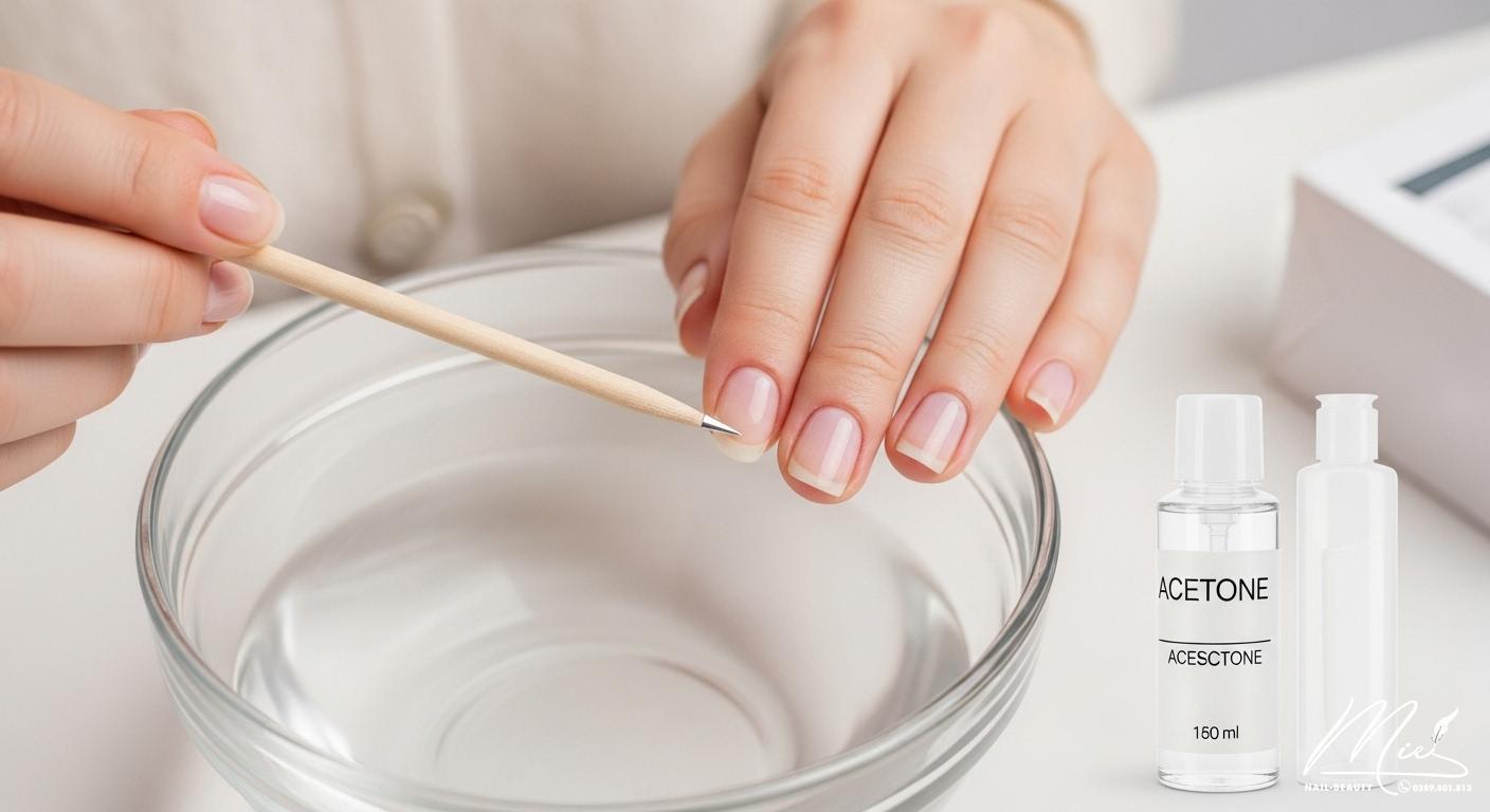 Hướng dẫn tháo móng giả an toàn bằng cách ngâm trong dung dịch acetone hoặc nước ấm.
