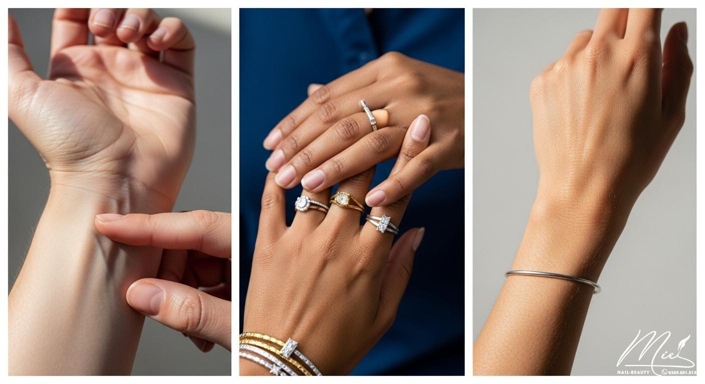 Màu móng tay hợp với da ngăm - Hướng dẫn chọn màu tôn da 2 Hình ảnh minh họa các cách xác định sắc độ da (undertone) như kiểm tra mạch máu và thử trang sức.