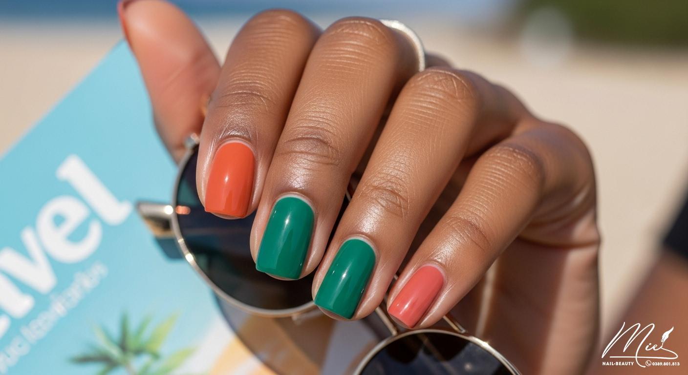 Màu móng tay hợp với da ngăm - Hướng dẫn chọn màu tôn da 4 Bộ móng tay màu cam cháy, xanh bạc hà đậm hoặc hồng đất trên bàn tay da ngăm, thể hiện phong cách năng động hàng ngày hoặc khi đi du lịch.