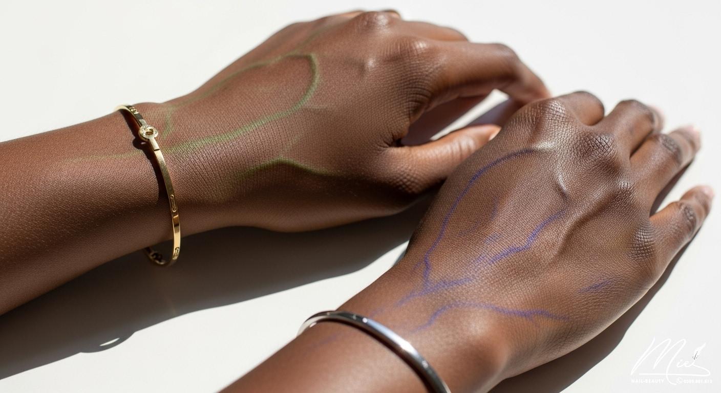 Hình ảnh minh họa cách xác định sắc độ da bằng cách kiểm tra mạch máu trên cổ tay và so sánh với trang sức vàng, bạc.