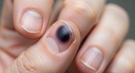 Ngón tay bị dập với móng bầm tím, thể hiện sự lo lắng về khả năng hồi phục móng.