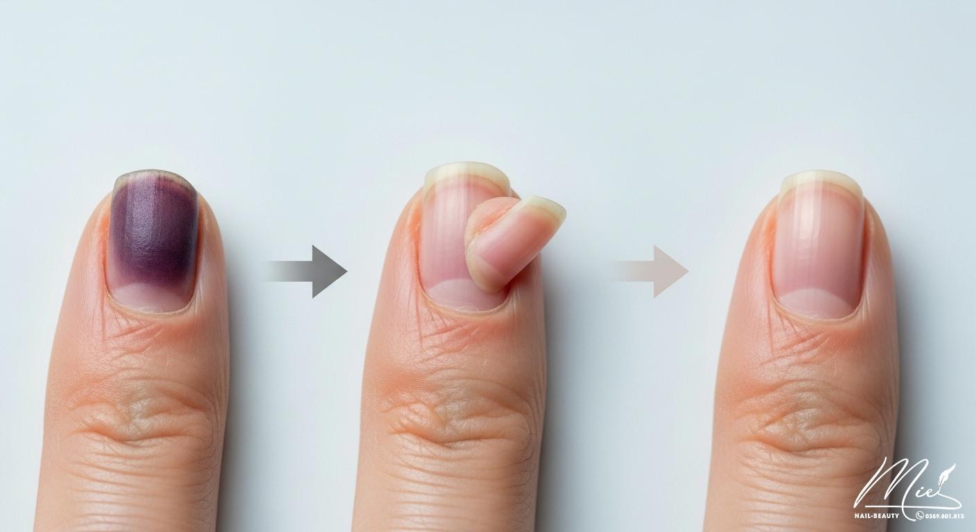 Hình ảnh so sánh quá trình móng tay bị dập hồi phục qua các giai đoạn, từ bầm tím đến móng mới mọc.