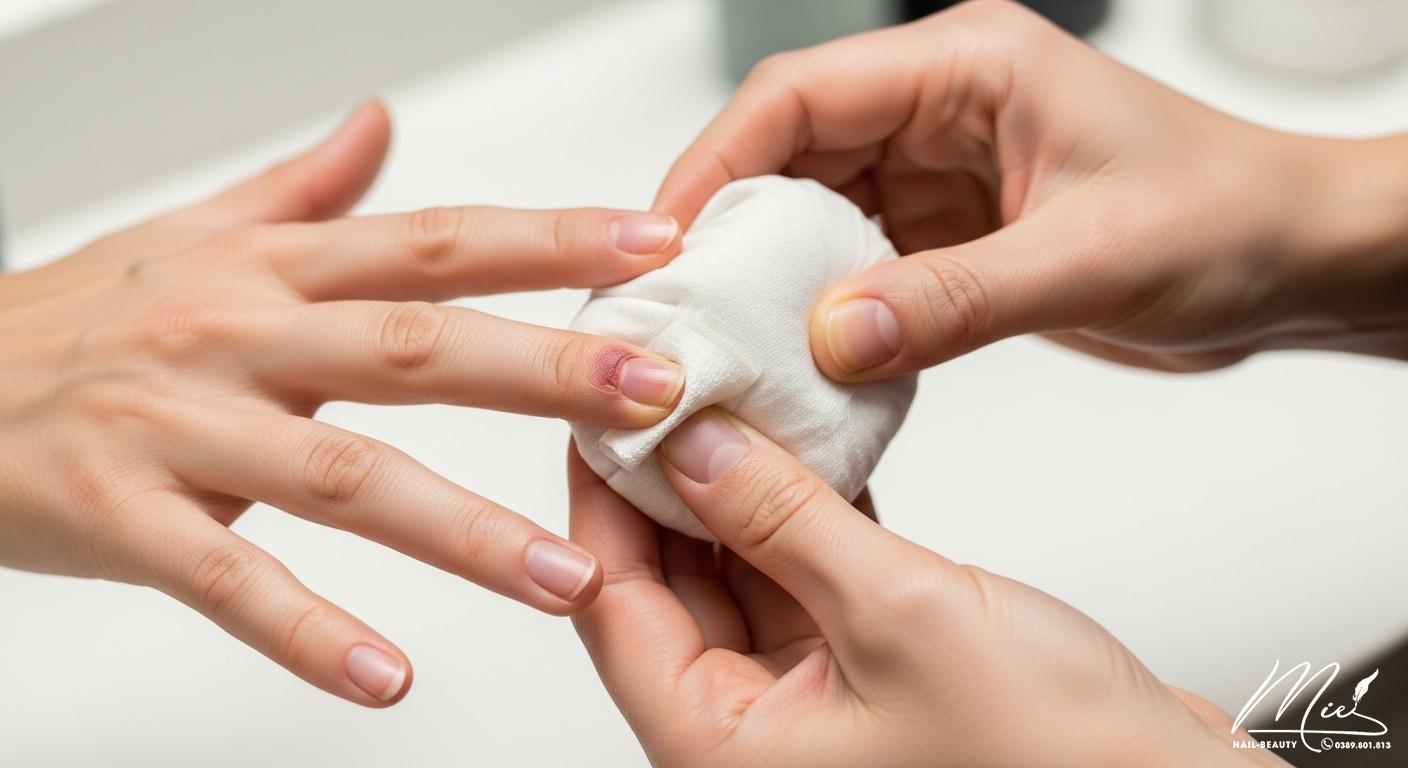 Hình ảnh minh họa các bước chăm sóc móng tay bị dập tại nhà, bao gồm chườm lạnh và băng bó bảo vệ.