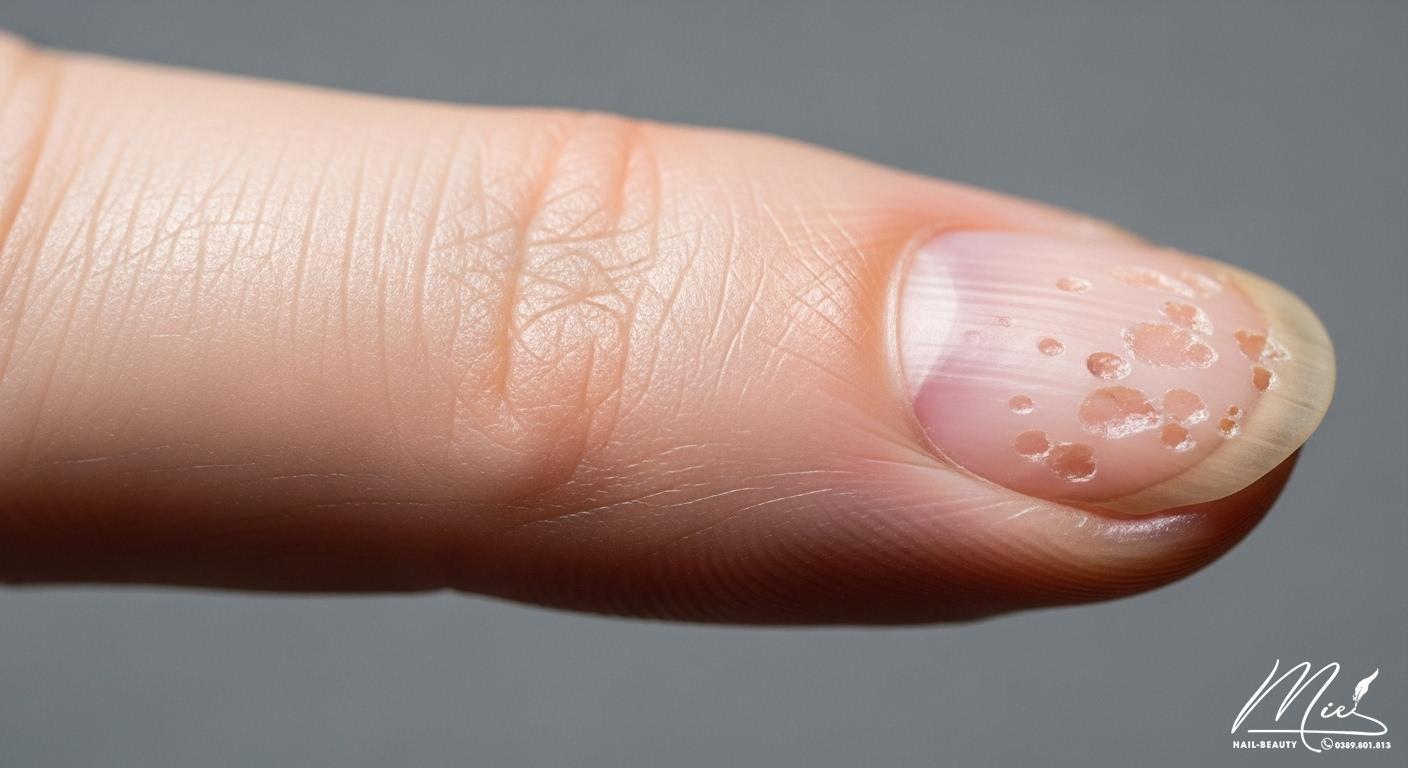 Móng tay bị rỗ là thiếu chất gì? Giải mã dấu hiệu và cách khắc phục 2 Cận cảnh móng tay có vết rỗ li ti, giòn và dễ gãy