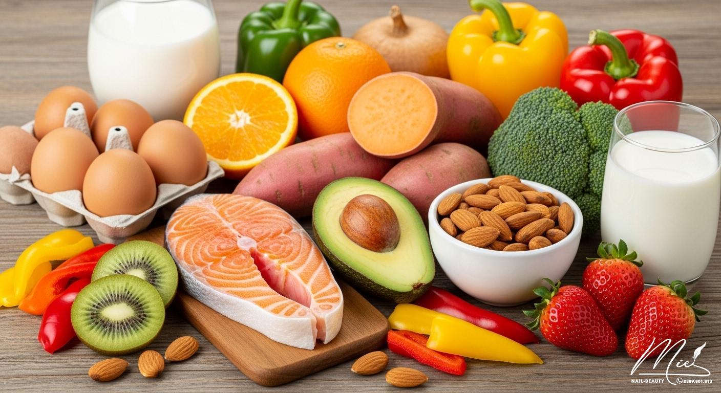 Bộ sưu tập thực phẩm giàu vitamin và khoáng chất thiết yếu giúp móng chắc khỏe.