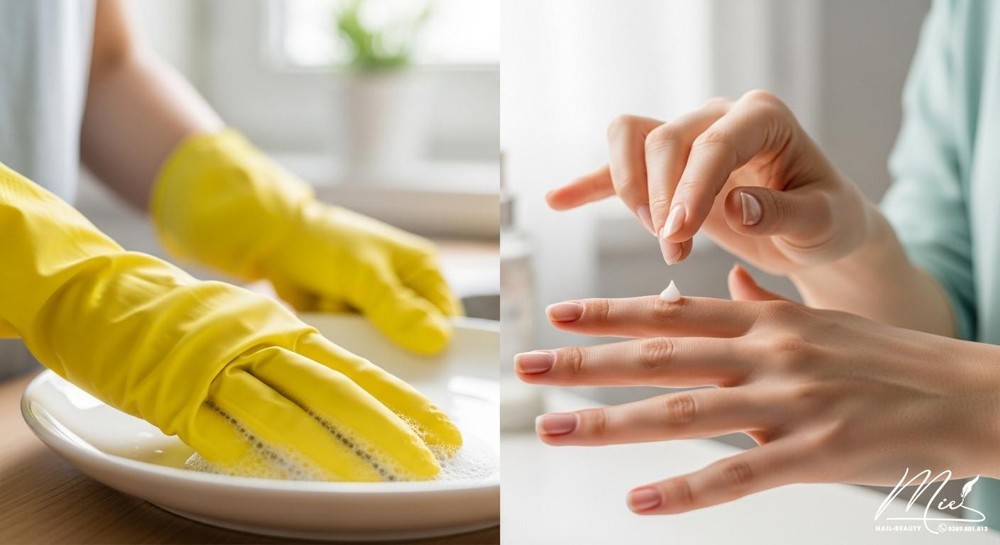 Người phụ nữ đeo găng tay khi làm việc nhà và thoa kem dưỡng ẩm cho móng, thể hiện cách chăm sóc móng tay đúng cách.