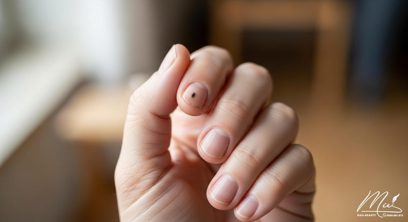 Móng tay bị thâm đen: Một người đang tự kiểm tra ngón tay, móng tay có vệt đen.