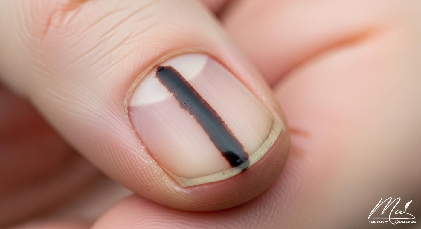 Móng tay có dấu hiệu ung thư hắc tố: một vệt sọc đen dọc, lan ra vùng da quanh móng (dấu hiệu Hutchinson).