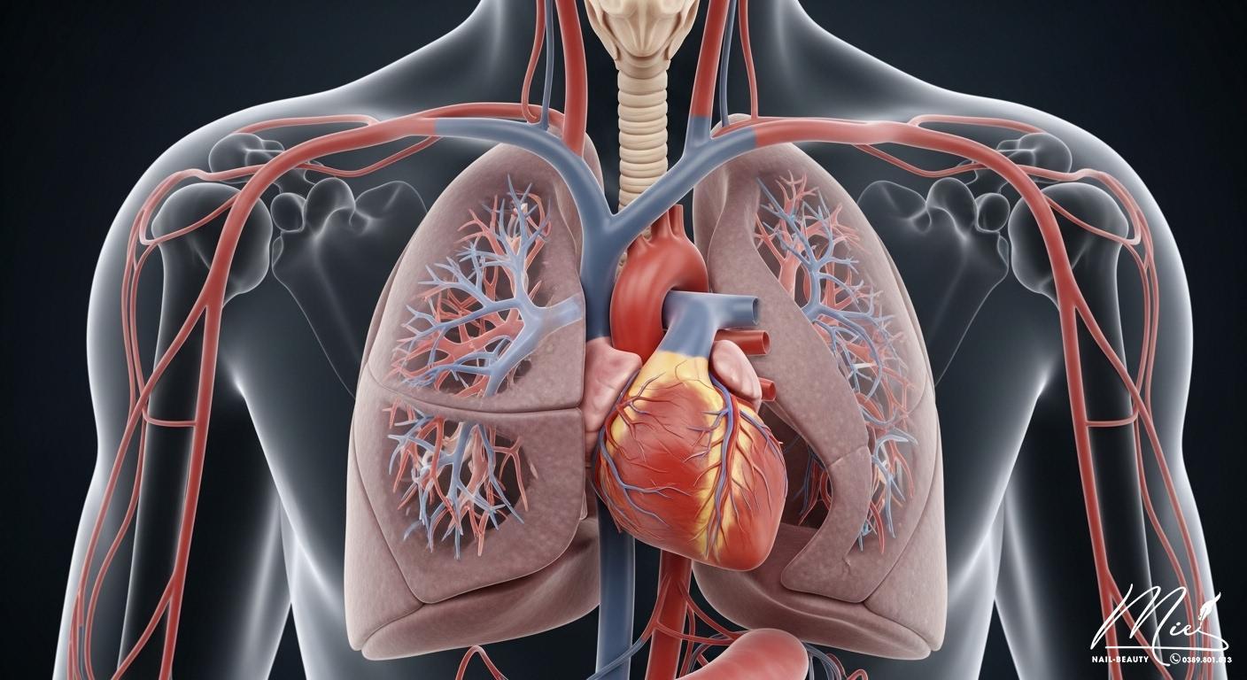 Sơ đồ minh họa trái tim và phổi của con người, biểu thị sự liên quan đến việc cung cấp oxy cho cơ thể và tình trạng tím móng.