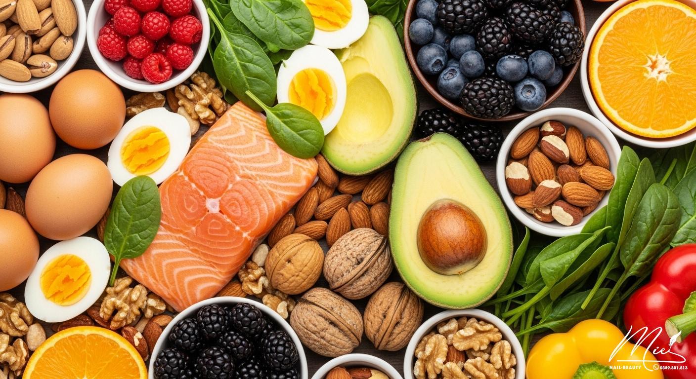 Bàn ăn với thực phẩm giàu dinh dưỡng hỗ trợ móng tay chắc khỏe.