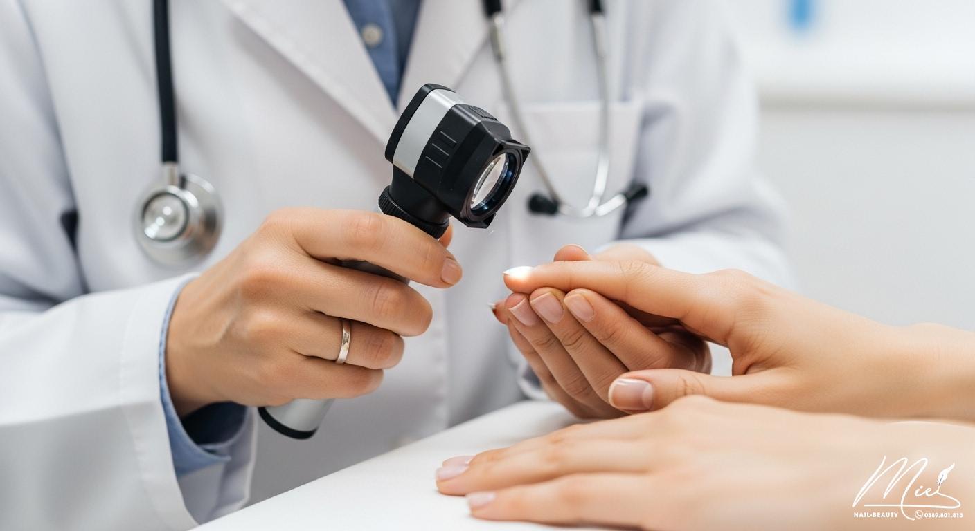 Móng tay có sọc đen là bệnh gì? Hướng dẫn tự kiểm tra tại nhà 3 Bác sĩ da liễu đang khám móng tay bệnh nhân bằng kính soi da