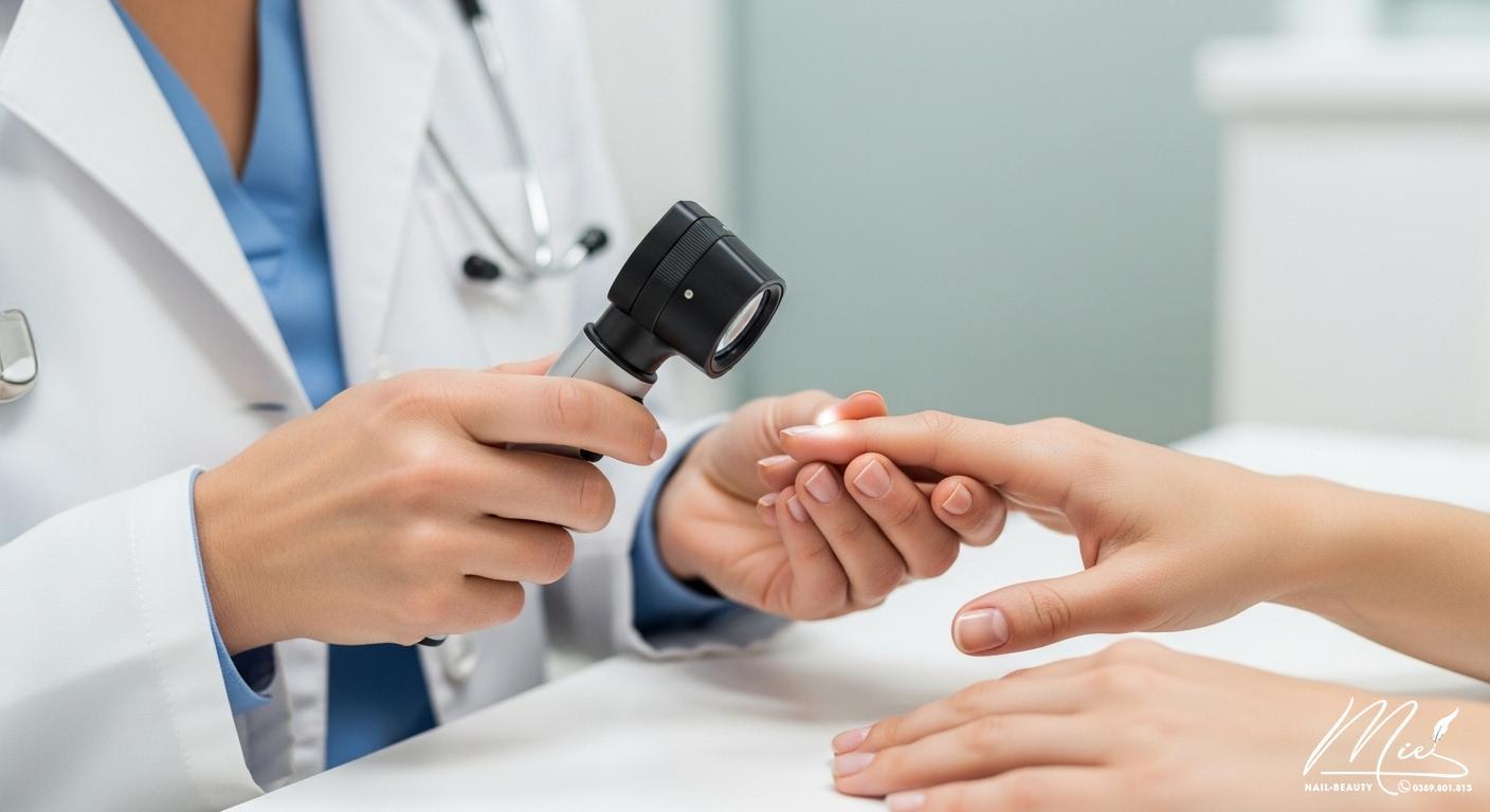 Móng tay có sọc nâu là bệnh gì? Dấu hiệu và khi nào cần đi khám 2 Bác sĩ da liễu đang thăm khám kỹ lưỡng móng tay của bệnh nhân, sử dụng kính soi da để kiểm tra vệt sọc nâu.