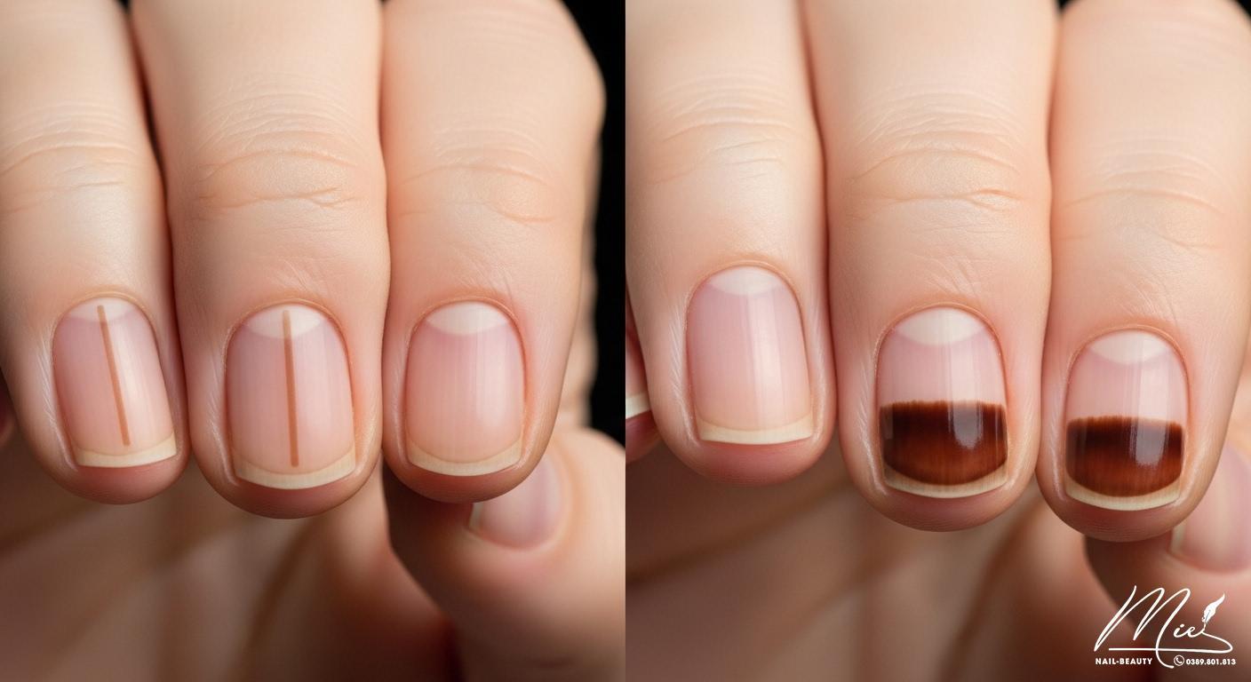 Móng tay có sọc nâu là bệnh gì? Dấu hiệu và khi nào cần đi khám 3 Minh họa so sánh các dạng vệt sọc nâu lành tính và nghi ngờ ung thư trên móng tay, nhấn mạnh sự khác biệt về hình thái.