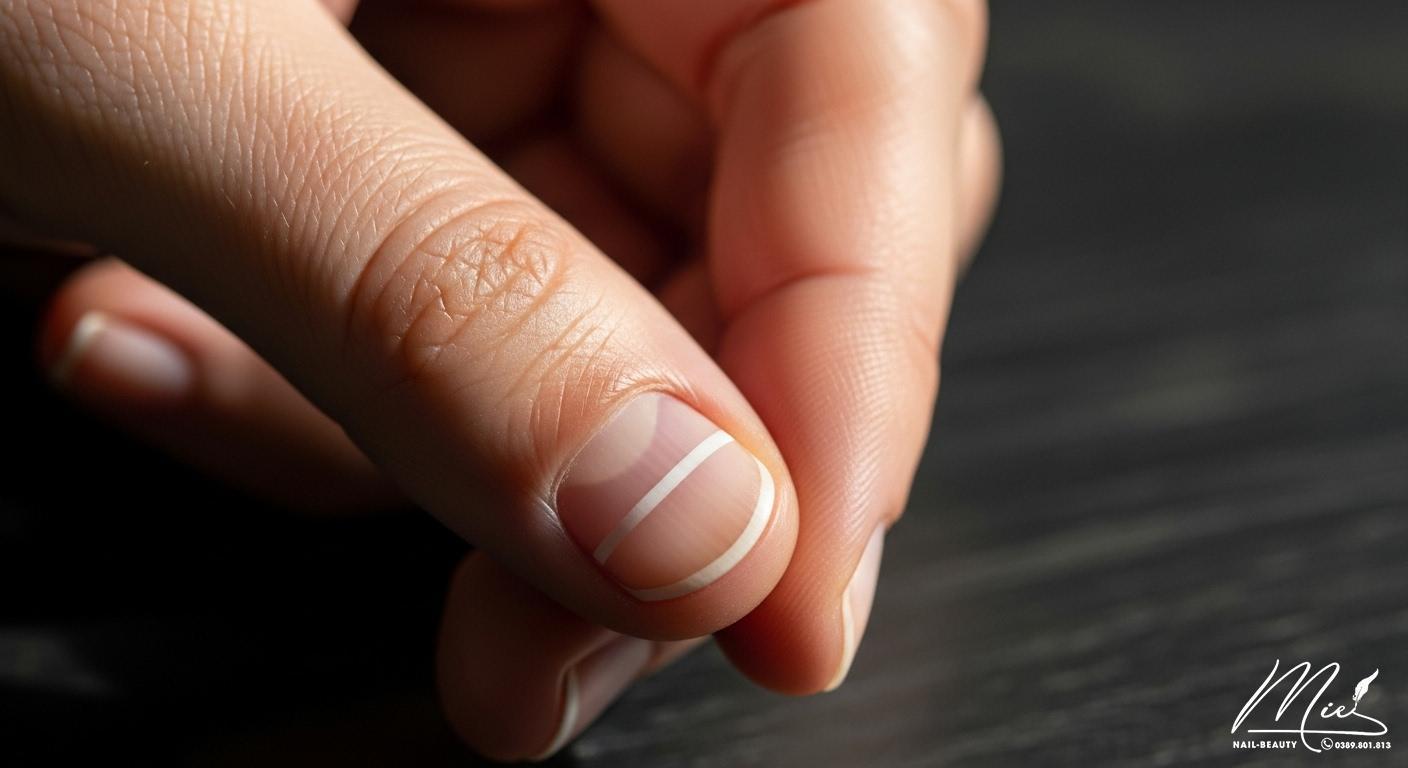 Biên tập viên: Trần Thị Xuân Mai (Anh Thy) 6 Bàn tay với móng có vệt trắng ngang, biểu thị sự lo lắng về sức khỏe móng.