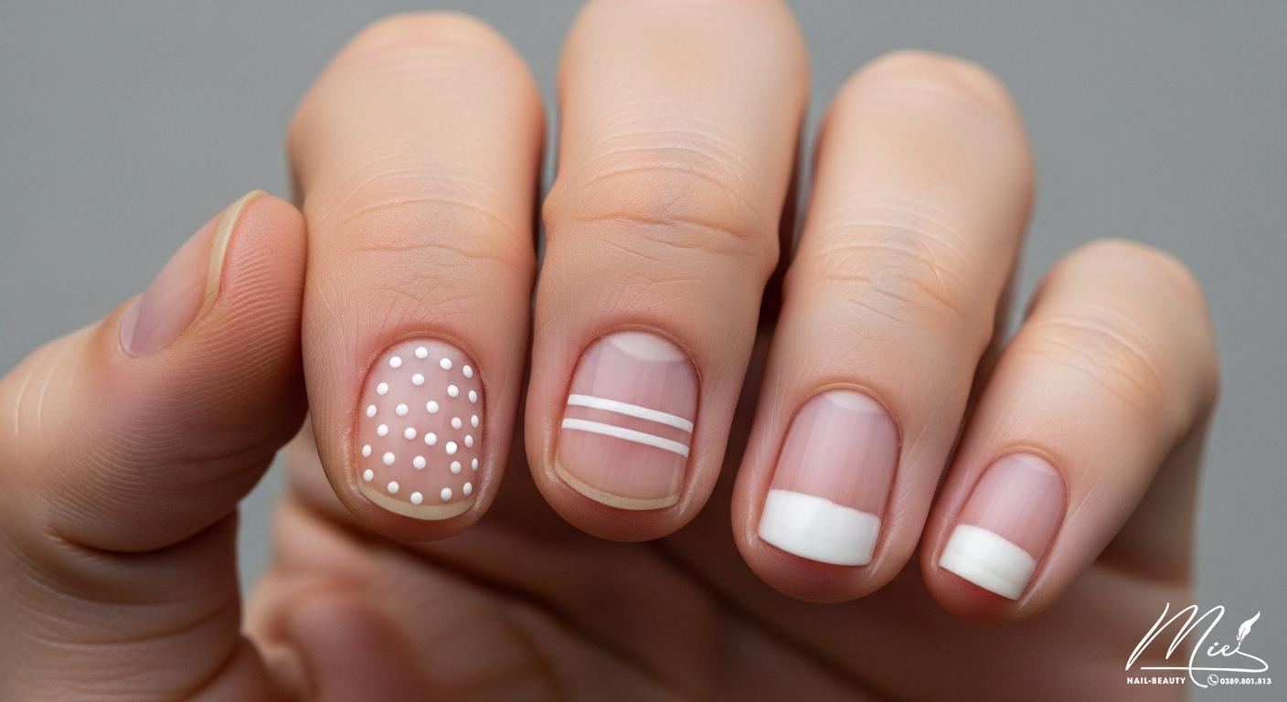 Các dạng vệt trắng ngang khác nhau trên móng tay, từ đốm nhỏ đến dải ngang rõ rệt.