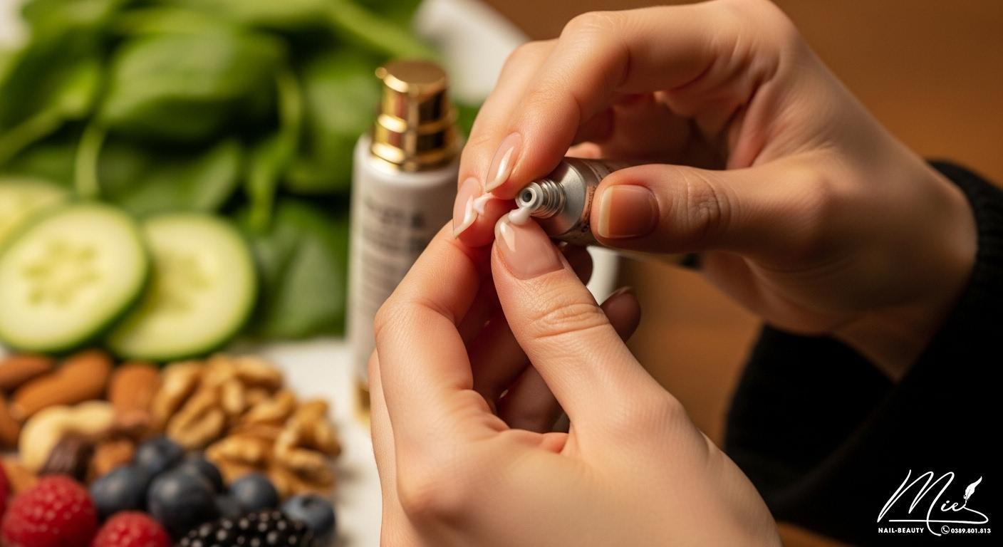 Bàn tay khỏe mạnh đang thực hiện chăm sóc móng, kèm theo thực phẩm giàu dinh dưỡng như rau xanh, hạt.