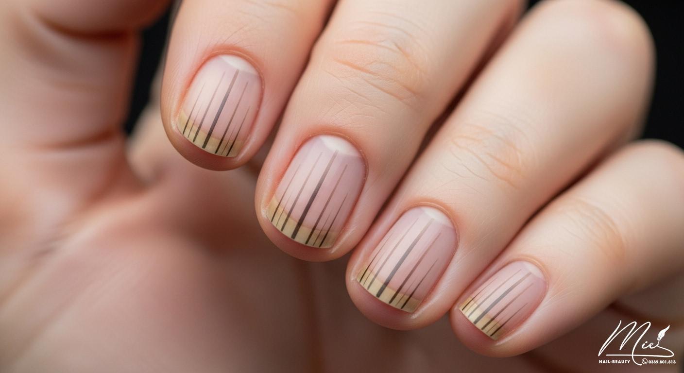 Móng tay với các vệt sắc tố sẫm màu chạy dọc, có thể là tác dụng phụ của một số loại thuốc kháng virus (ARV) trong điều trị HIV.