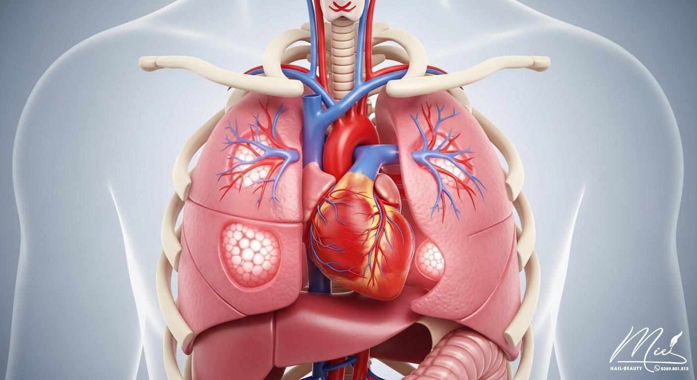 Minh họa hệ thống tim và phổi, những cơ quan liên quan đến tình trạng móng tay tím nhạt.