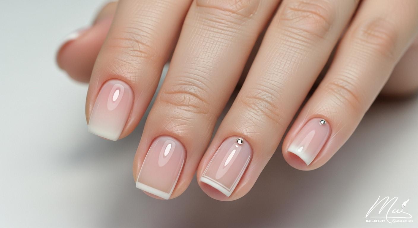 Móng tay ngắn được sơn ombre, viền mỏng và đính đá tối giản để tạo ảo giác thon dài