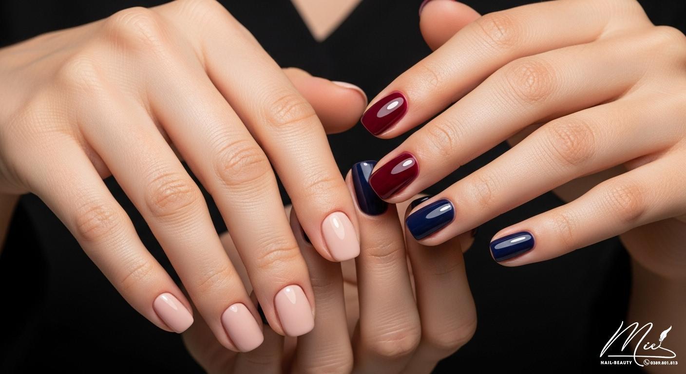 Hai bàn tay với tông da khác nhau và móng ngắn sơn màu nude, đỏ rượu phù hợp