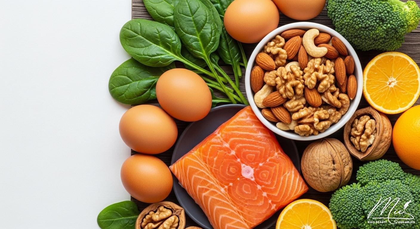 Thực phẩm giàu protein và vitamin như trứng, cá, rau xanh, tốt cho móng tay và sức khỏe.